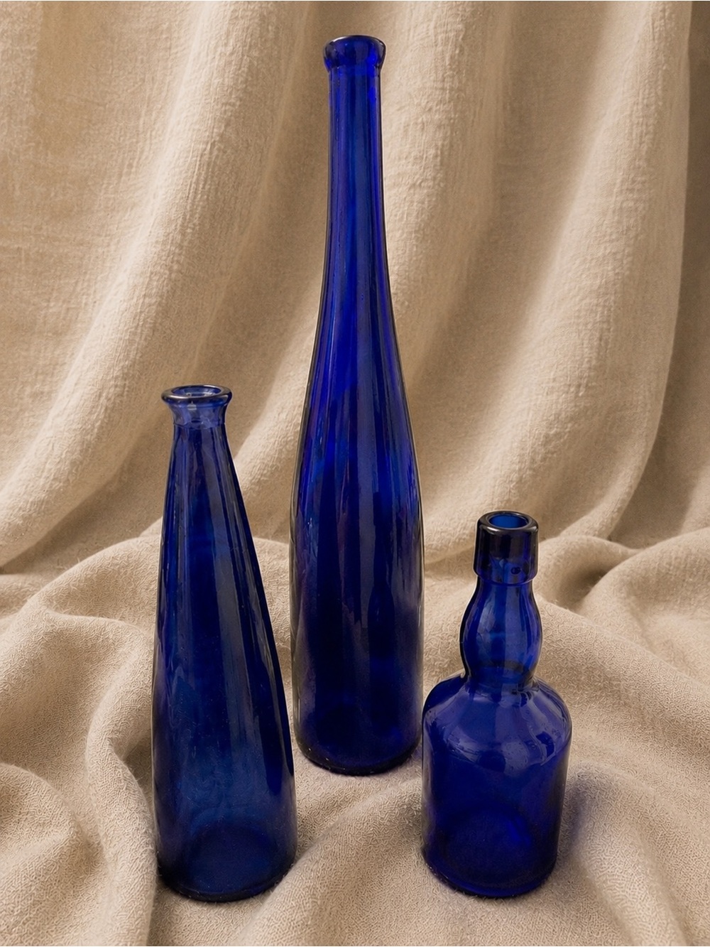 Set of Three Decorative Cobalt Blue Glass Bottles Vases | San Miguel Apothecary